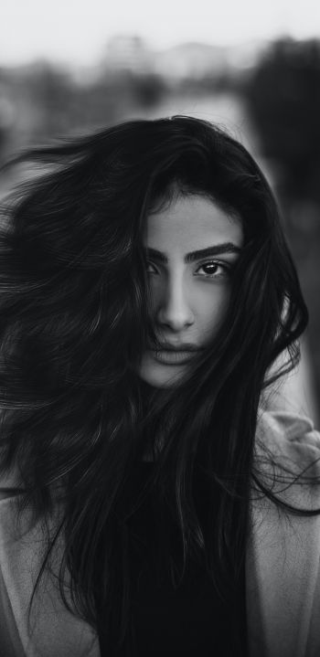 girl, portrait, black and white photo, wind Wallpaper 1080x2220