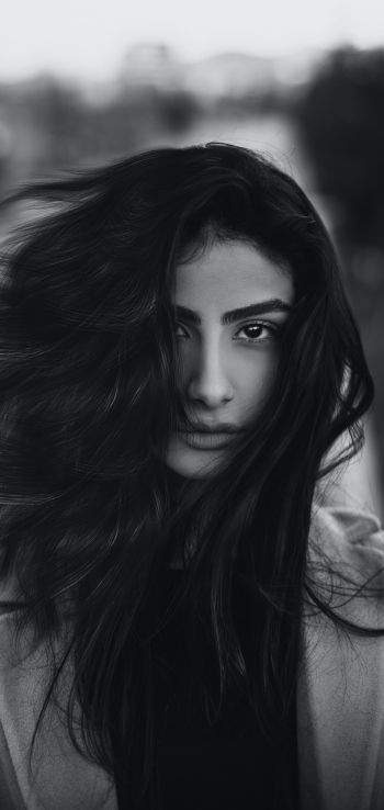 girl, portrait, black and white photo, wind Wallpaper 720x1520