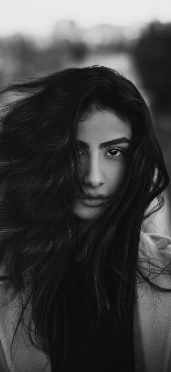 girl, portrait, black and white photo, wind Wallpaper 1080x2340