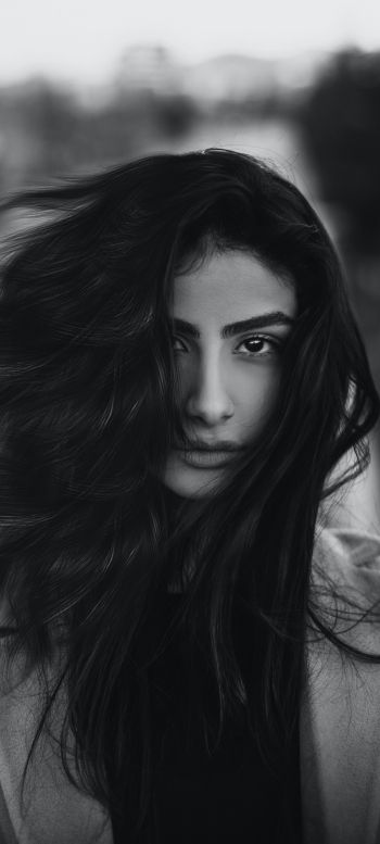 girl, portrait, black and white photo, wind Wallpaper 1080x2400