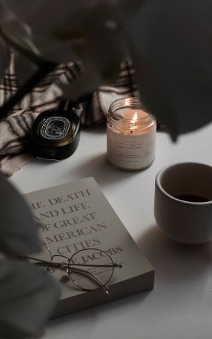 candle, book, glasses, aesthetics, minimalism Wallpaper 1752x2800