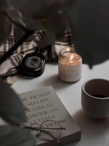 candle, book, glasses, aesthetics, minimalism Wallpaper 1536x2048