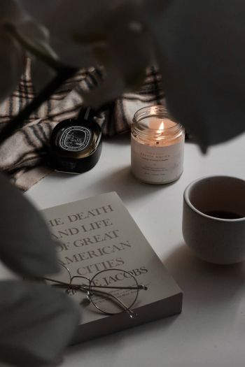 candle, book, glasses, aesthetics, minimalism Wallpaper 640x960