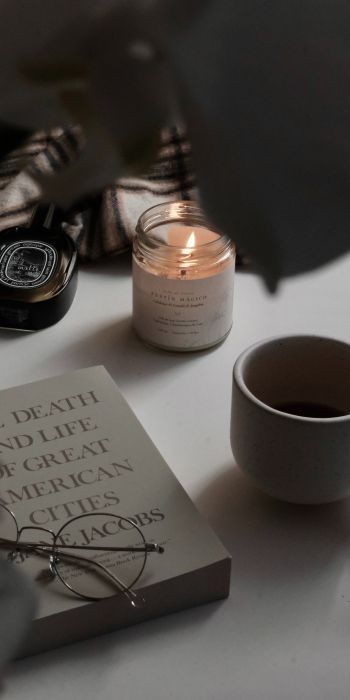 candle, book, glasses, aesthetics, minimalism Wallpaper 720x1440