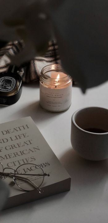 candle, book, glasses, aesthetics, minimalism Wallpaper 1440x2960