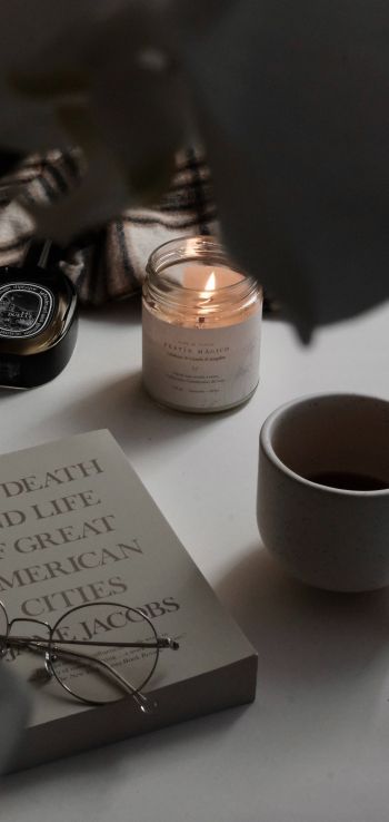candle, book, glasses, aesthetics, minimalism Wallpaper 720x1520