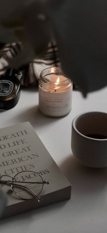 candle, book, glasses, aesthetics, minimalism Wallpaper 1080x2340