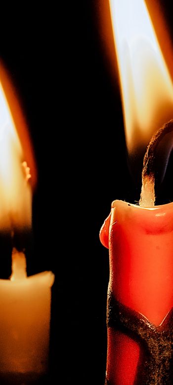 candles, candle, fire, warm, black background Wallpaper 1440x3200