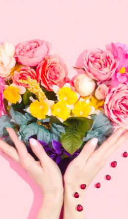 flowers, hands, heart, pink background Wallpaper 600x1024