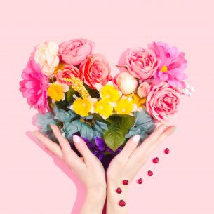 flowers, hands, heart, pink background Wallpaper 2930x2930