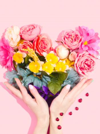 Обои 2048x2732 цветы, руки, сердце, розовый фон