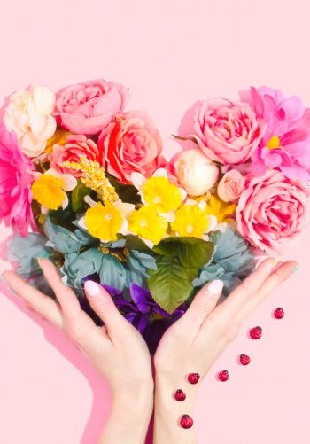 flowers, hands, heart, pink background Wallpaper 1668x2388
