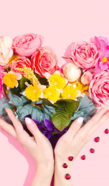 flowers, hands, heart, pink background Wallpaper 600x1024