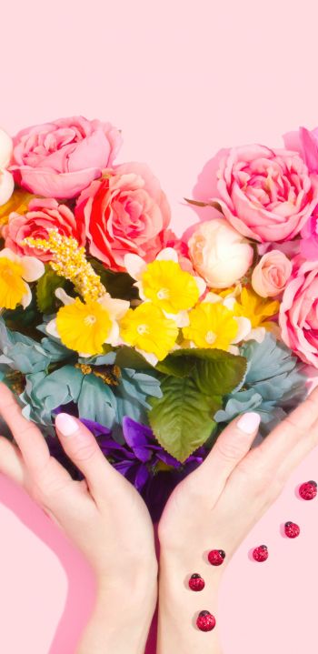 flowers, hands, heart, pink background Wallpaper 1080x2220