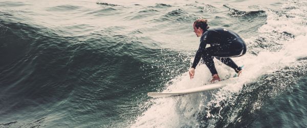 surfer, on the wave, sea Wallpaper 3440x1440