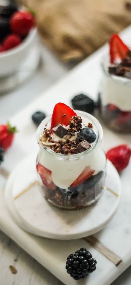 dessert, strawberry, panacotta Wallpaper 1080x2340