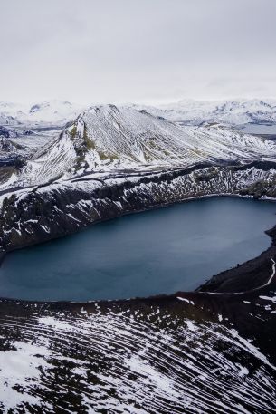 Iceland, mountains, lake, snow Wallpaper 640x960