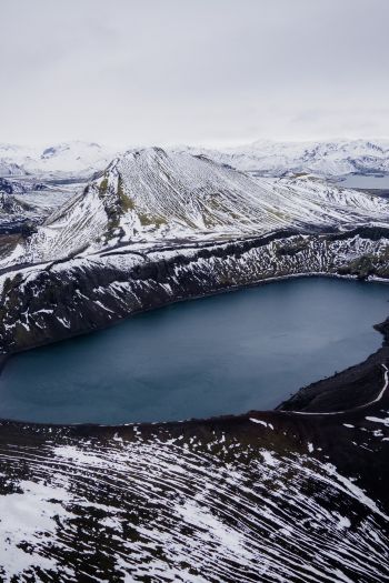 Iceland, mountains, lake, snow Wallpaper 640x960