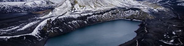 Iceland, mountains, lake, snow Wallpaper 1590x400