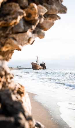 ship, sea, rocks, shore Wallpaper 600x1024
