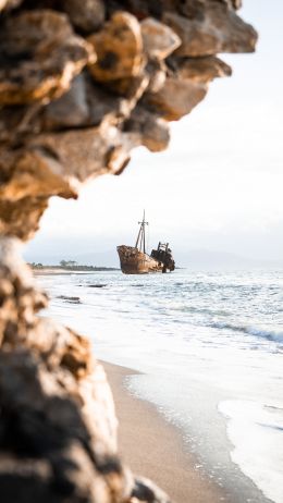ship, sea, rocks, shore Wallpaper 1080x1920