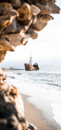 ship, sea, rocks, shore Wallpaper 1080x2280