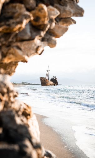 ship, sea, rocks, shore Wallpaper 1200x2000