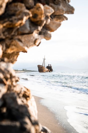 ship, sea, rocks, shore Wallpaper 640x960