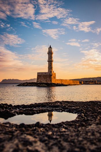 lighthouse, sea, Chania, Greece Wallpaper 640x960