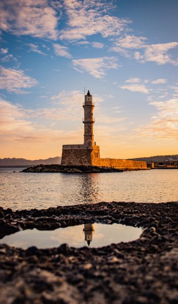 lighthouse, sea, Chania, Greece Wallpaper 600x1024