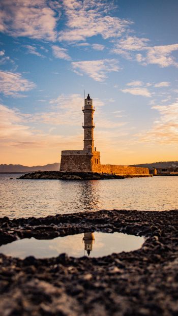 lighthouse, sea, Chania, Greece Wallpaper 1440x2560