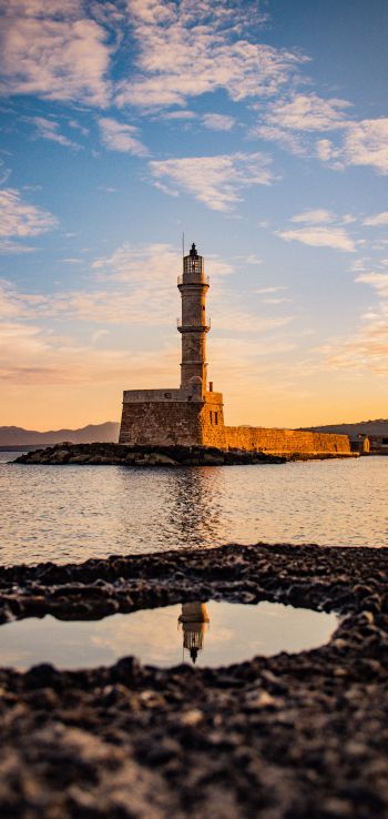 lighthouse, sea, Chania, Greece Wallpaper 1440x3040