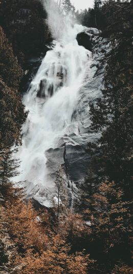 waterfall, mountains, trees Wallpaper 1440x2960