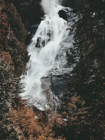 waterfall, mountains, trees Wallpaper 1620x2160