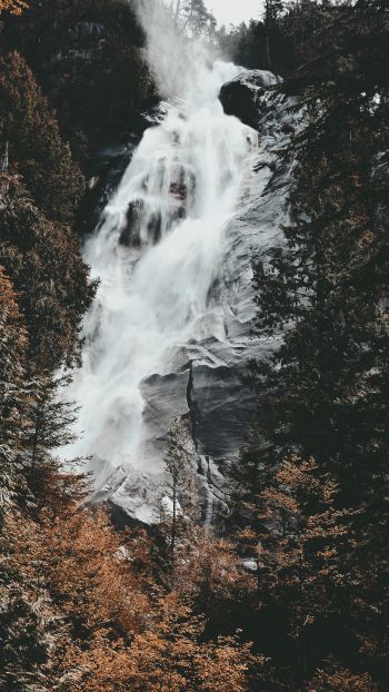 waterfall, mountains, trees Wallpaper 750x1334