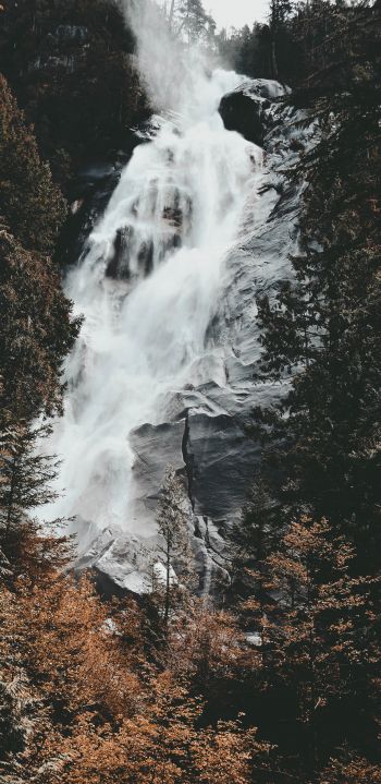 waterfall, mountains, trees Wallpaper 1080x2220