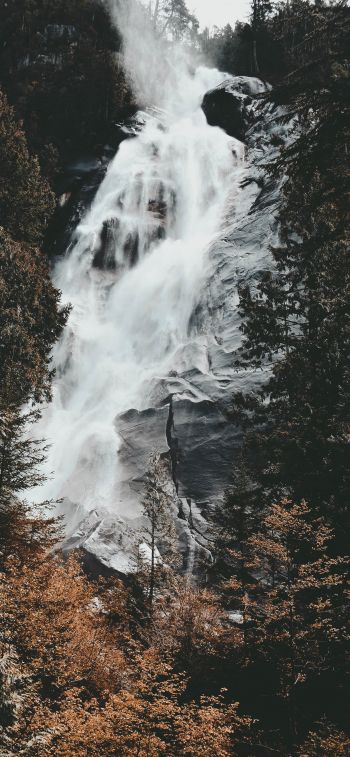 waterfall, mountains, trees Wallpaper 1284x2778