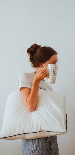 girl, pillow, mug Wallpaper 1080x2220