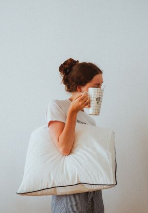 girl, pillow, mug Wallpaper 1640x2360