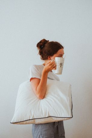 girl, pillow, mug Wallpaper 3072x4608