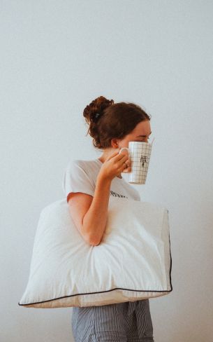 girl, pillow, mug Wallpaper 1600x2560