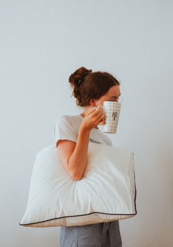 girl, pillow, mug Wallpaper 1668x2388