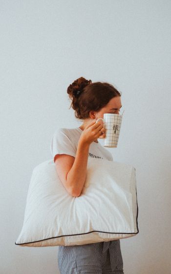 girl, pillow, mug Wallpaper 800x1280