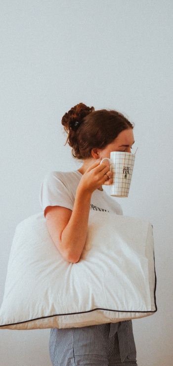 girl, pillow, mug Wallpaper 1440x3040