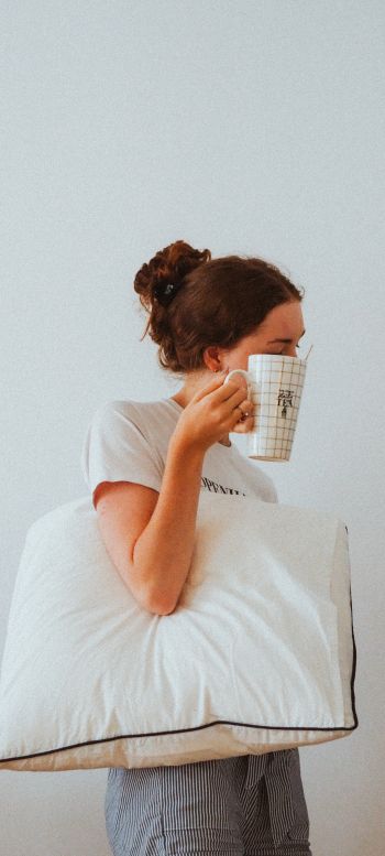 girl, pillow, mug Wallpaper 1440x3200