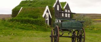 Обои 3440x1440 Исландия, зеленый, дом, телега