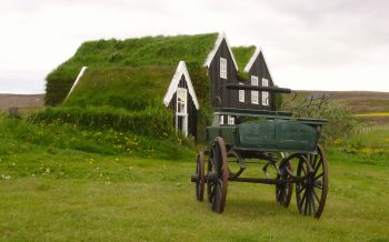 Обои 1920x1200 Исландия, зеленый, дом, телега