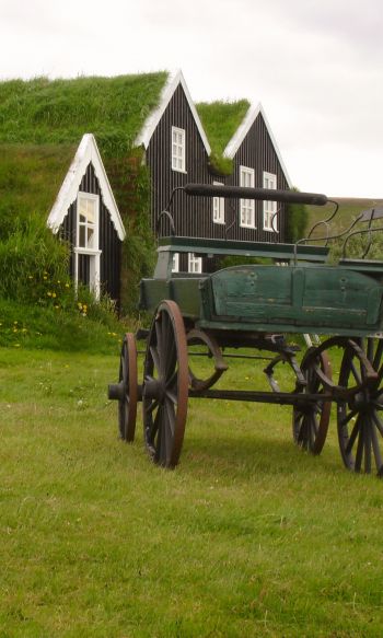 Обои 1200x2000 Исландия, зеленый, дом, телега