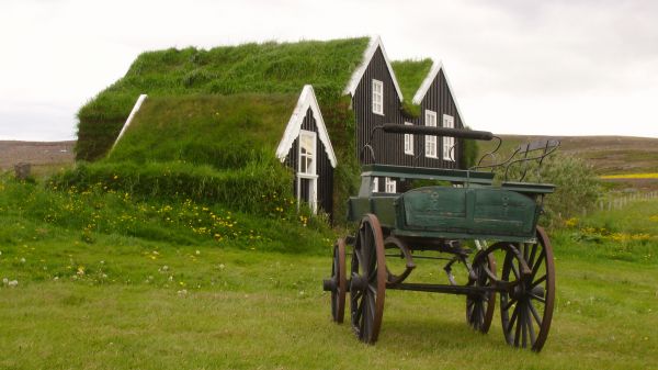 Обои 7680x4320 Исландия, зеленый, дом, телега