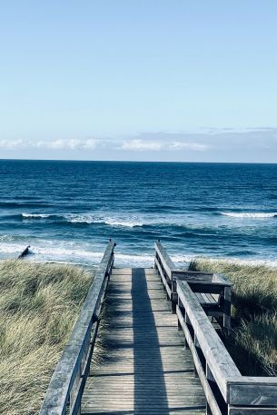 sea, shore, pier, grass Wallpaper 640x960